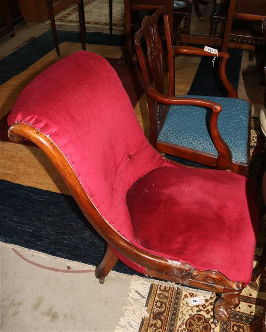 George III mahogany armchair and a Victorian rosewood slipper chair